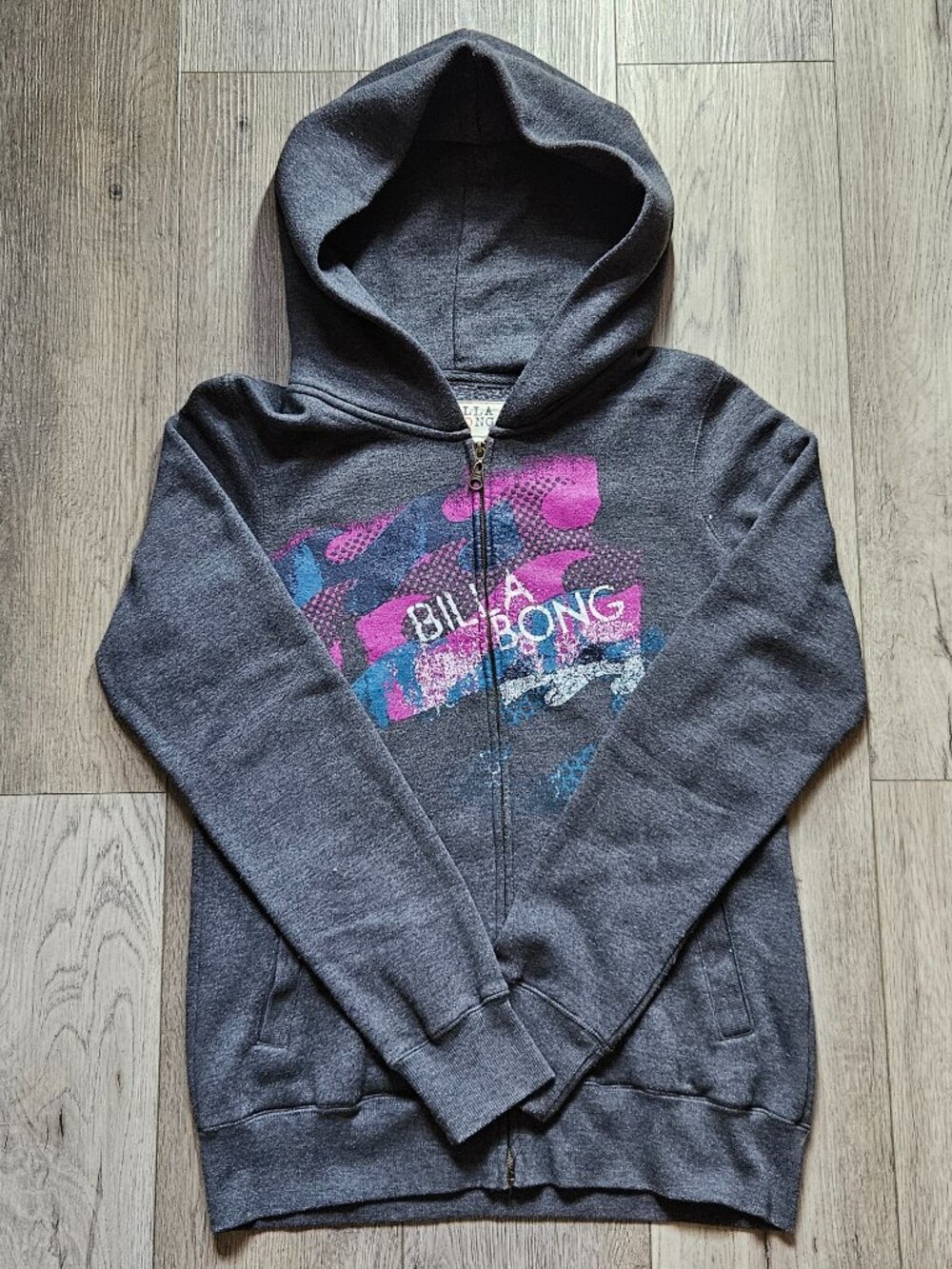 Billabong Y2K Full Zip Hoodie Womens XL Charcoal Grey Pink Graphic Sweatshirt